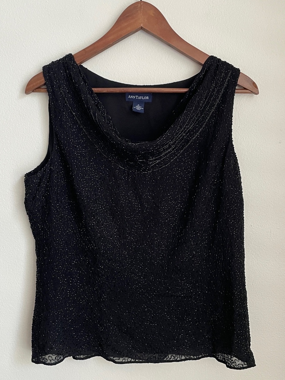 Ann Taylor Black 100% Silk Beaded Tank Top Cowl Neck Vintage 90s Dark Feminine